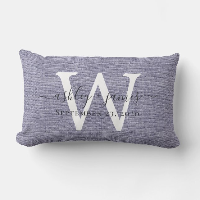 Blue Linen White Monogram Wedding Keepsake Lumbar Pillow (Front)