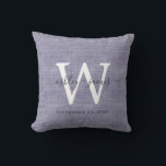 Blue Linen White Monogram Wedding Keepsake Throw Pillow<br><div class="desc">Elegant wedding keepsake blue woven linen effect pillow with your text in dark gray chic handwritten script calligraphy. Simply add your names, monogram and wedding date. Great gift for a newlywed couple. Exclusively designed for you by Happy Dolphin Studio. If you need any help or matching products, please contact us...</div>