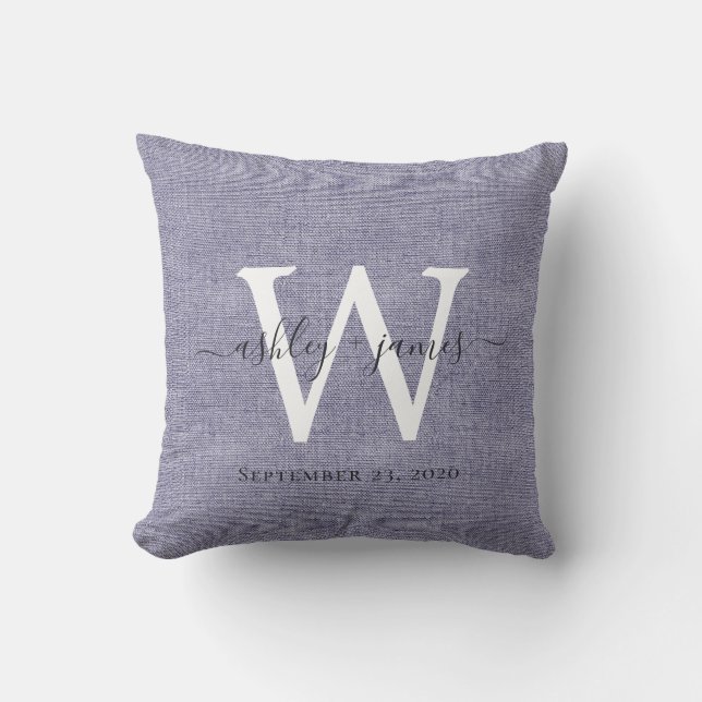 Blue Linen White Monogram Wedding Keepsake Throw Pillow (Front)