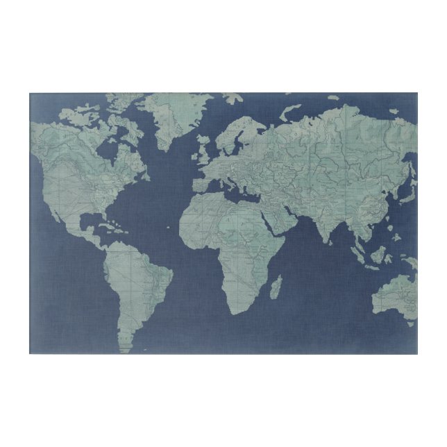 Blue Linen World Map Acrylic Print (Front)