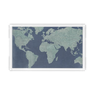 Blue Linen World Map Acrylic Tray