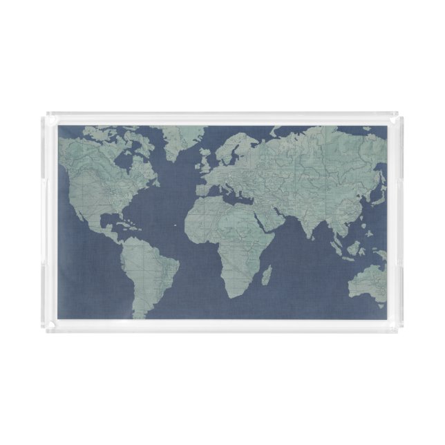Blue Linen World Map Acrylic Tray (Front)