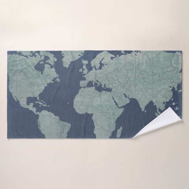 Blue Linen World Map Bath Towel Set (Bath Towel)