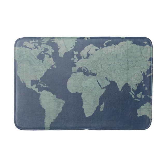 Blue Linen World Map Bathroom Mat (Front)