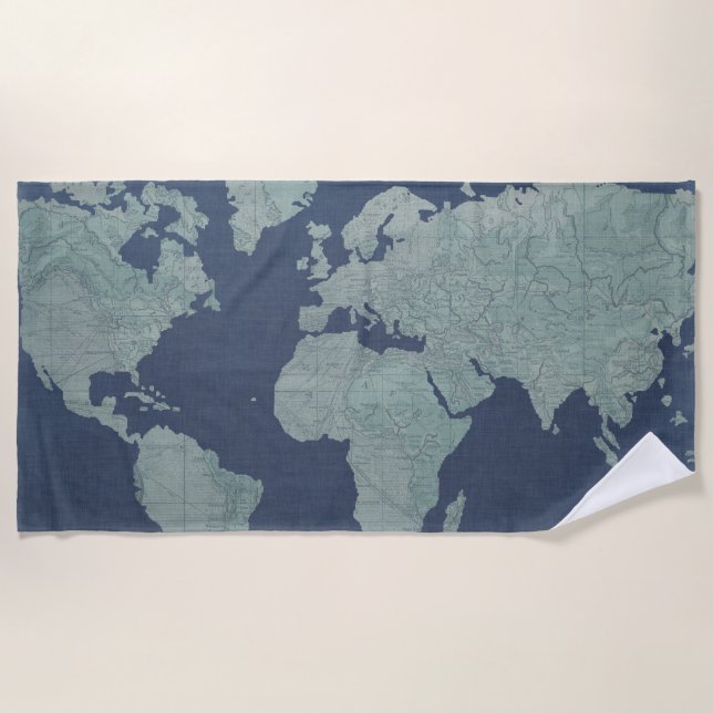 Blue Linen World Map Beach Towel (Front)