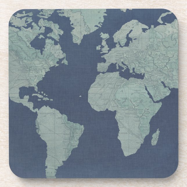 Blue Linen World Map Beverage Coaster (Front)