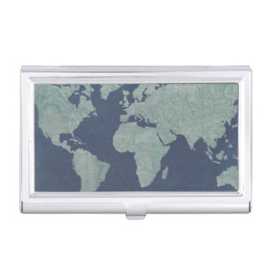 Blue Linen World Map Business Card Holder