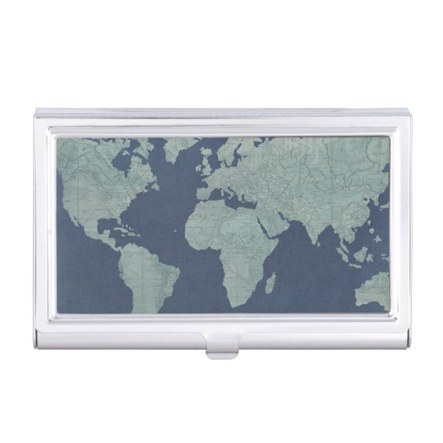 Blue Linen World Map Business Card Holder (Front)