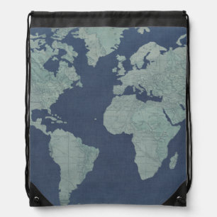 Blue Linen World Map Drawstring Bag