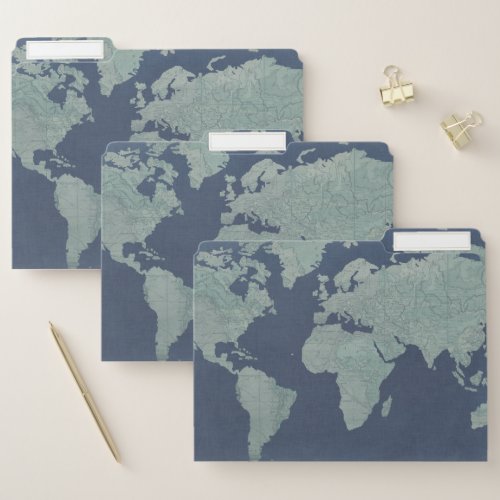 Blue Linen World Map File Folder