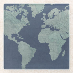 Blue Linen World Map Glass Coaster
