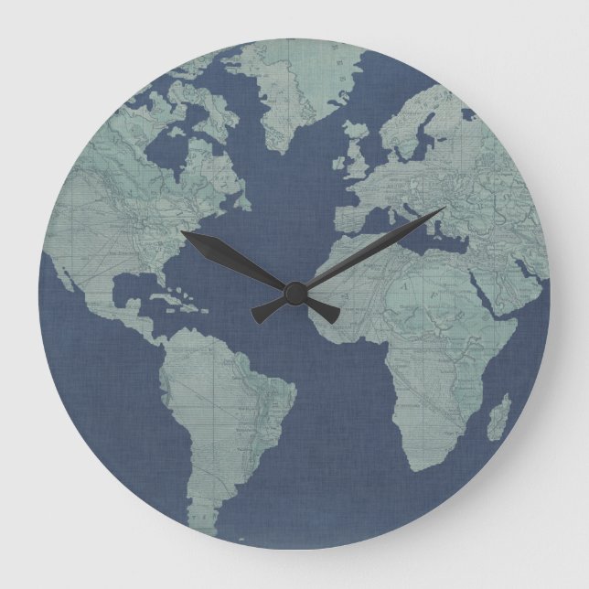 Blue Linen World Map Large Clock (Front)