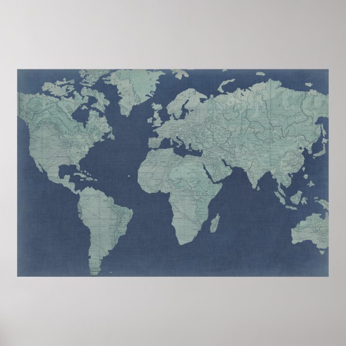 Blue Linen World Map Poster 