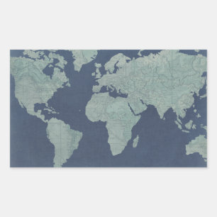 Blue Linen World Map Rectangular Sticker