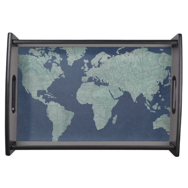 Blue Linen World Map Serving Tray (Front)