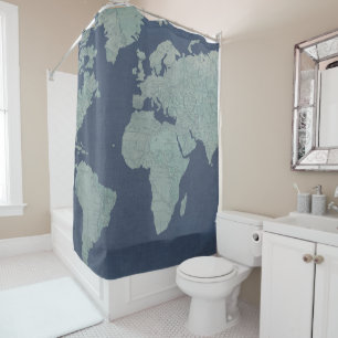 Blue Linen World Map Shower Curtain