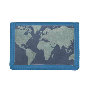 Blue Linen World Map Tri-fold Wallet
