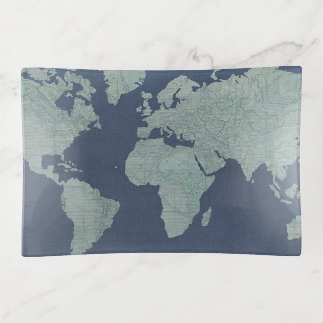 Blue Linen World Map Trinket Tray (Front)