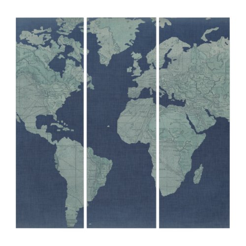 Blue Linen World Map Triptych