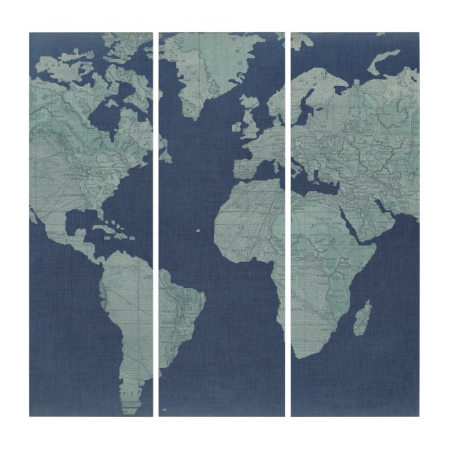 Blue Linen World Map Triptych (Front)