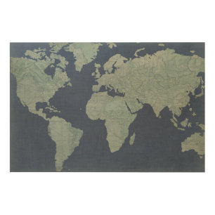 Blue Linen World Map Wood Wall Art