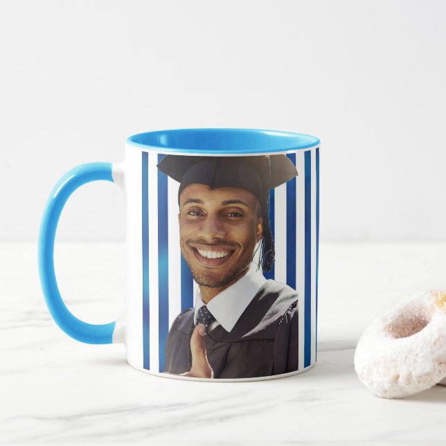 Blue Lines Custom Portrait Men Graduation Mug (With Donut)