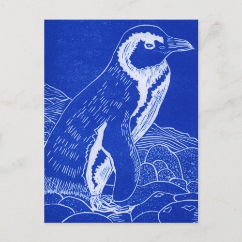Blue Linocut Penguin Postcard