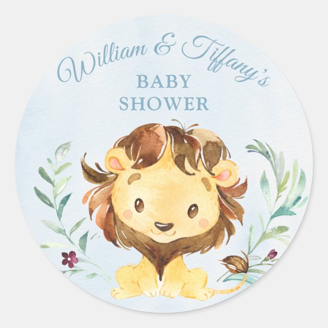 Blue Lion Boy's Baby Shower Classic Round Sticker (Front)