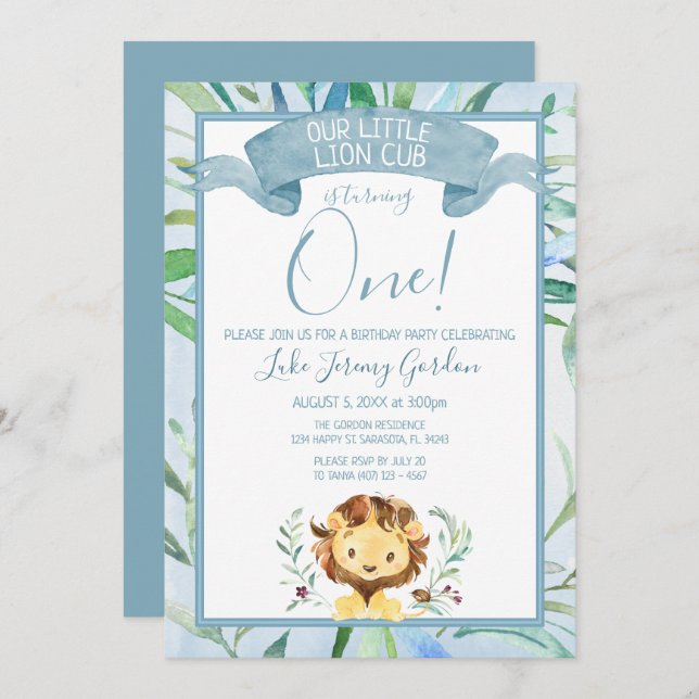 Blue Lion Cub First Birthday Party Invitation (Front/Back)