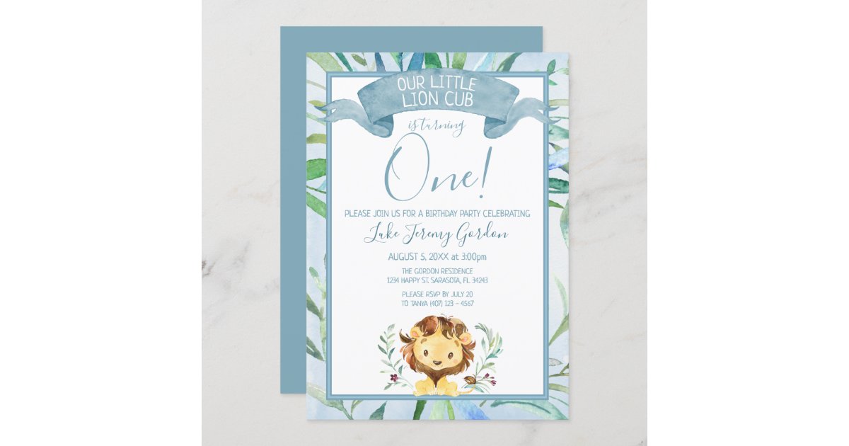 Blue Lion Cub First Birthday Party Invitation | Zazzle