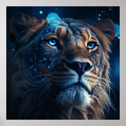 Blue Lion Face Art Lighting Lion Poster