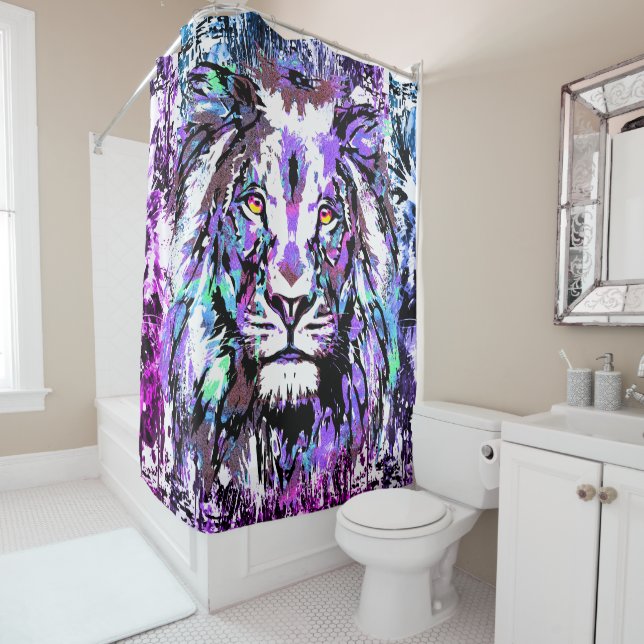 Blue Lion Head Shower Curtain - Lion Face (In Situ)