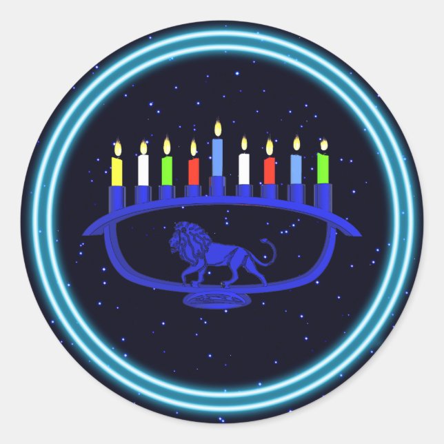 Blue Lion Menorah Classic Round Sticker (Front)