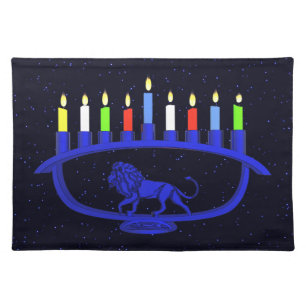 Blue Lion Menorah Cloth Placemat