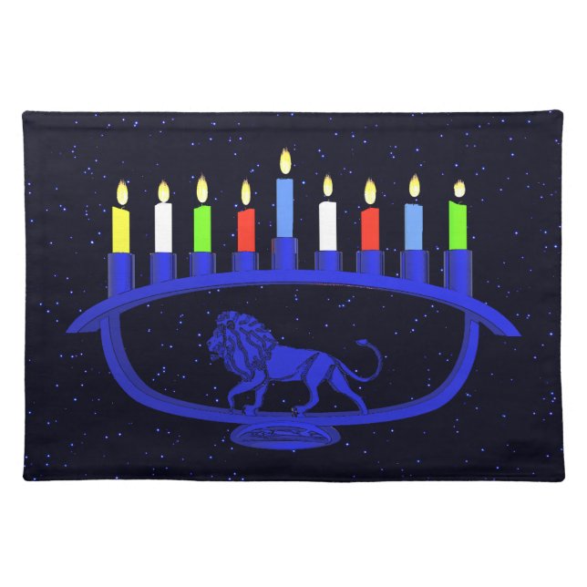 Blue Lion Menorah Cloth Placemat (Front)