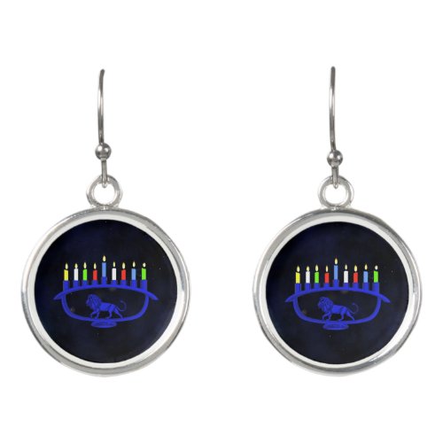 Blue Lion Menorah Earrings