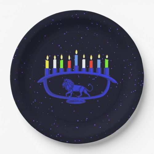 Blue Lion Menorah Paper Plates