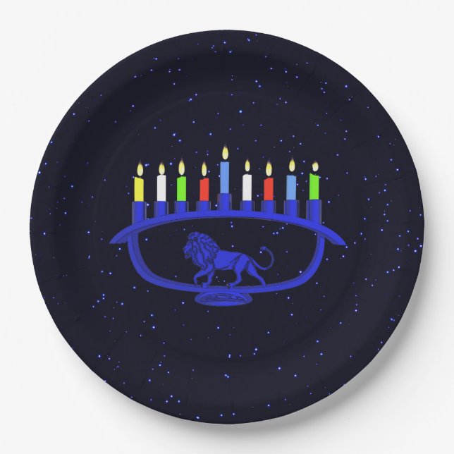Blue Lion Menorah Paper Plates (Front)