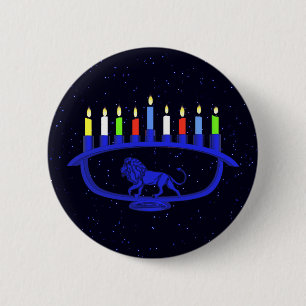 Blue Lion Menorah Pinback Button