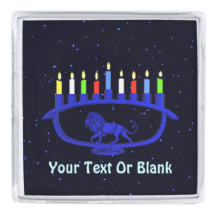 Blue Lion Menorah Silver Finish Lapel Pin