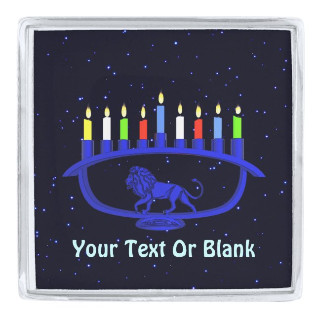 Blue Lion Menorah Silver Finish Lapel Pin (Front)