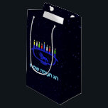 Blue Lion Menorah Small Gift Bag<br><div class="desc">Features a lion-themed Chanukkah menorah with all eight candles and the shamash burning. Chanukkah is the mid-winter "Festival of Lights." Hebrew text reading "Chag Chanukkah Sameach" (Happy Hanukkah) also appears in glowing blue and white text .</div>