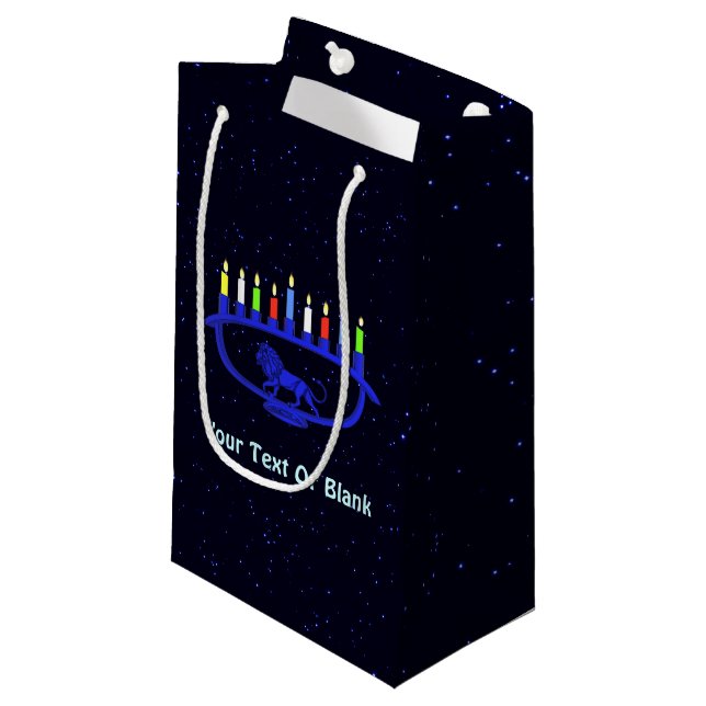 Blue Lion Menorah Small Gift Bag (Front Angled)