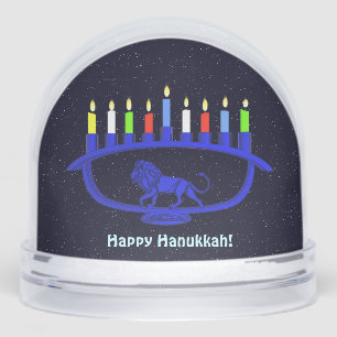 Blue Lion Menorah Snow Globe