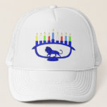 Blue Lion Menorah Trucker Hat<br><div class="desc">Features a lion-themed Chanukkah menorah with all eight candles and the shamash burning. Chanukkah is the mid-winter "Festival of Lights."</div>