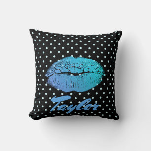 Blue Lips Kiss Black and blue polka dot pattern Throw Pillow