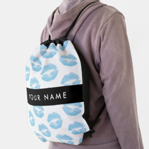 Blue Lips, Kiss, Lipstick, Your Name, Personalise Drawstring Bag