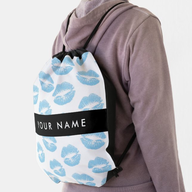 Blue Lips, Kiss, Lipstick, Your Name, Personalise Drawstring Bag (Insitu)