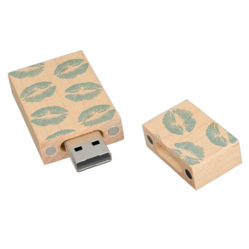 Blue Lips Pattern Of Lips Blue Lipstick Kiss Wood Flash Drive