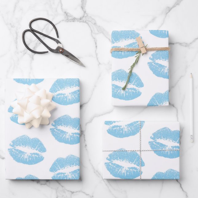 Blue Lips, Pattern Of Lips, Blue Lipstick, Kiss Wrapping Paper Sheets (Front)